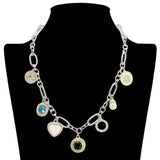 109068, 14K GOLD PLATED COMPASS HEART CUBIC ZIRCONIA MULTI CHARM DESIGNER INSPIRED NECKLACE