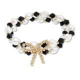 109084, BOW ACCENT GLASS BEAD FRESHWATER PEARL MULTI LAYERED STRETCH BRACELET