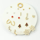 109175, SET OF 10 PAIRS CHRISTMAS THEME SNOWFLAKES TREE PEARL RHINESTONE ASSORTED STUD EARRING SET