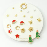 109176, SET OF 10 PAIRS CHRISTMAS THEME SANTA HAT CHRISTMAS TREE STAR MOON PEARL RHINESTONE ASSORTED STUD EARRING SET