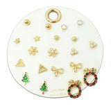 109177, SET OF 10 PAIRS CHRISTMAS THEME BOW SNOWFLAKES CHRISTMAS TREE WREATH ASSORTED STUD EARRING SET