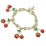 109224, 14K GOLD PLATED ENAMEL CUBIC ZIRCONIA ACCENT CHERRY CHARMS DESIGNER INSPIRED BRACELET