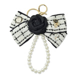 109267, NUMBER 5 HEART FLOWER ACCENT CHIC TWEED BOW KEYCHAIN BAG CHARM WITH PEARL LOOP