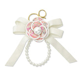 109268, TWEED FLOWER BOW KEYCHAIN BAG CHARM WITH PEARL LOOP