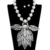 109279, BOLD LEAF CLUSTER PEARL STATEMENT NECKLACE