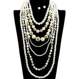 109338, LONG MULTI LAYERED PEARL GOLD BEADED NECKLACE