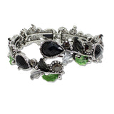 109342, ANTIQUE SILVER TONE VINTAGE INSPIRED CRYSTAL FLORAL STRETCH OPEN BANGLE BRACELET