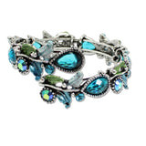 109342, ANTIQUE SILVER TONE VINTAGE INSPIRED CRYSTAL FLORAL STRETCH OPEN BANGLE BRACELET