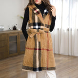 109357, CHIC PLAID SOFT FAUX FUR HOODED VEST COAT WITH BELT