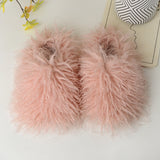 109362, FLUFFY PINK CURLY FAUX FUR SLIPPERS