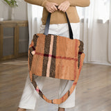 109364, TAN CHECK PLAID PATTERN FAUX FUR TOTE BAG