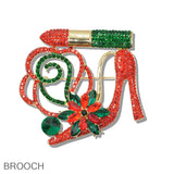 109368, CHRISTMAS CRYSTAL HIGH HEEL LIPSTICK FLOWER BROOCH