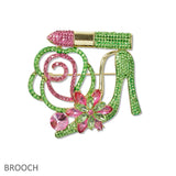 109369, SORORITY CRYSTAL HIGH HEEL LIPSTICK FLOWER BROOCH