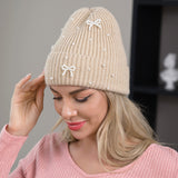 109379, KNIT BEANIE WITH PEARL AND BOW ACCENTS