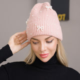 109379, KNIT BEANIE WITH PEARL AND BOW ACCENTS