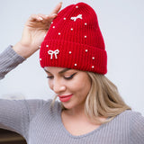 109379, KNIT BEANIE WITH PEARL AND BOW ACCENTS