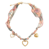 109401, CUTOUT HEART CHARMS FLORAL FABRIC SCARF NECKLACE