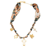 109405, CUTOUT CROSS AMAZING WOMAN HEART BABY ANGEL CHARMS FLORAL FABRIC SCARF NECKLACE
