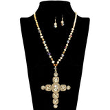 109461, PAVE RHINESTONE CRYSTAL BEADED CROSS LONG PENDANT NECKLACE