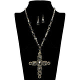 109461, PAVE RHINESTONE CRYSTAL BEADED CROSS LONG PENDANT NECKLACE