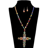 109461, PAVE RHINESTONE CRYSTAL BEADED CROSS LONG PENDANT NECKLACE