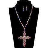 109461, PAVE RHINESTONE CRYSTAL BEADED CROSS LONG PENDANT NECKLACE