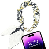 109601, BLACK WHITE SILKY SCARF PHONE STRAP WRISTLET