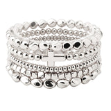 109627, SIDE CROSS ACCENT MULTI LAYERED NUGGET BEADED STRETCH BRACELET