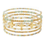 109727, CROSS ACCENT MULTI LAYERED PEARL BEADED STRETCH BRACELET