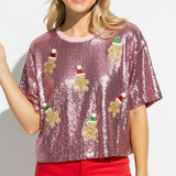 109773, CHRISTMAS GINGERBREAD MAN SPARKLE SEQUIN CROPPED T-SHIRT