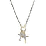 109898, 14K GOLD PLATED CROSS HEART PAVE CUBIC ZIRCONIA CHARM PENDANT NECKLACE