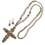 109926, CROSS PEARL RHINESTONE BEADED LONG PENDANT NECKLACE