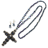 109926, CROSS PEARL RHINESTONE BEADED LONG PENDANT NECKLACE