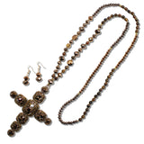 109926, CROSS PEARL RHINESTONE BEADED LONG PENDANT NECKLACE