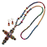 109926, CROSS PEARL RHINESTONE BEADED LONG PENDANT NECKLACE