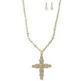 109926, CROSS PEARL RHINESTONE BEADED LONG PENDANT NECKLACE