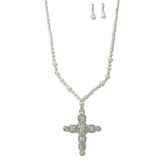 109926, CROSS PEARL RHINESTONE BEADED LONG PENDANT NECKLACE