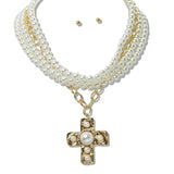 109950, PEARL ACCENT CROSS PENDANT LAYERED NECKLACE