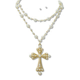 109951, PEARL DOUBLE LAYERED CROSS PENDANT NECKLACE