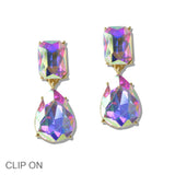 110015, RECTANGULAR TEARDROP RHINESTONE DANGLE CLIP ON EARRING
