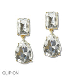 110015, RECTANGULAR TEARDROP RHINESTONE DANGLE CLIP ON EARRING