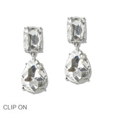 110015, RECTANGULAR TEARDROP RHINESTONE DANGLE CLIP ON EARRING