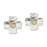 110040, HEART ACCENT HAMMERED CROSS STUD EARRING