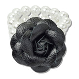 110050, FAUX LEATHER FLOWER WITH PEARL STRETCH BRACELET