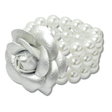 110050, FAUX LEATHER FLOWER WITH PEARL STRETCH BRACELET