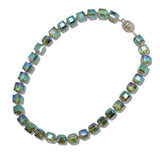 242502GRNK · Pave Ball Magnetic Closure Accent Square Glass Beaded Necklace – Silver/Green