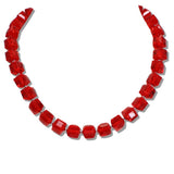 242502RNK · Pave Ball Magnetic Closure Accent Square Glass Beaded Necklace – Silver/Red