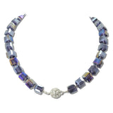 242502VTNK · Pave Ball Magnetic Closure Accent Square Glass Beaded Necklace – Silver/Purple Multi
