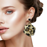 110119, LEOPARD PRINT FABRIC FLOWER DANGLE EARRING