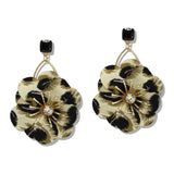 110119, LEOPARD PRINT FABRIC FLOWER DANGLE EARRING